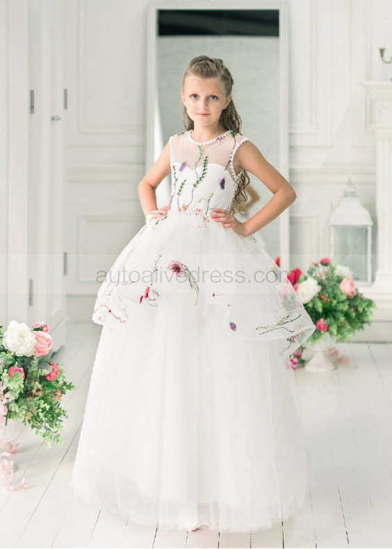 Beaded Ivory Tulle Peplum Print Flower Girl Dress